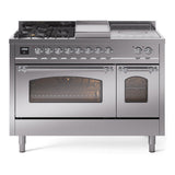 ILVE Nostalgie II 48-Inch Natural Gas Dual Fuel Range with 5 Burners, Griddle, & French Top with Triple Glass Door Oven in Stainless Steel with Chrome Trim (UP48FSNMPSSC)