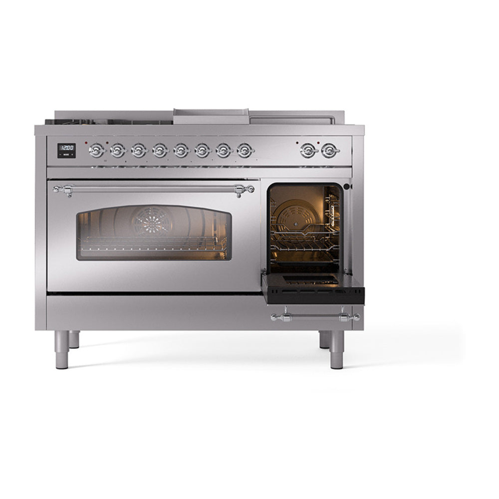 ILVE Nostalgie II 48-Inch Natural Gas Dual Fuel Range with 5 Burners, Griddle, & French Top with Triple Glass Door Oven in Stainless Steel with Chrome Trim (UP48FSNMPSSC)