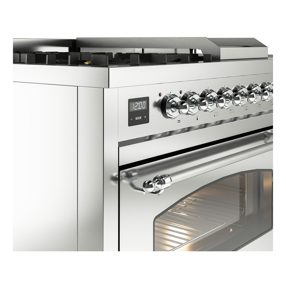 ILVE Nostalgie II 48-Inch Natural Gas Dual Fuel Range with 5 Burners, Griddle, & French Top with Triple Glass Door Oven in Stainless Steel with Chrome Trim (UP48FSNMPSSC)