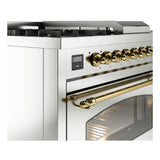 ILVE Nostalgie II 48-Inch Propane Gas Dual Fuel Range with 5 Burners, Griddle, & French Top with Triple Glass Door Oven in Stainless Steel with Brass Trim (UP48FSNMPSSGLP)