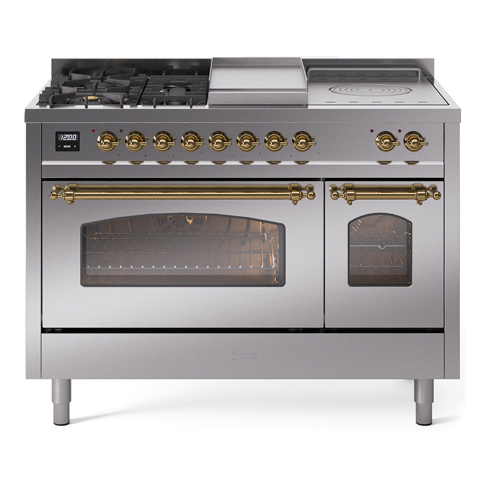 ILVE Nostalgie II 48-Inch Propane Gas Dual Fuel Range with 5 Burners, Griddle, & French Top with Triple Glass Door Oven in Stainless Steel with Brass Trim (UP48FSNMPSSGLP)