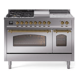 ILVE Nostalgie II 48-Inch Propane Gas Dual Fuel Range with 5 Burners, Griddle, & French Top with Triple Glass Door Oven in Stainless Steel with Brass Trim (UP48FSNMPSSGLP)