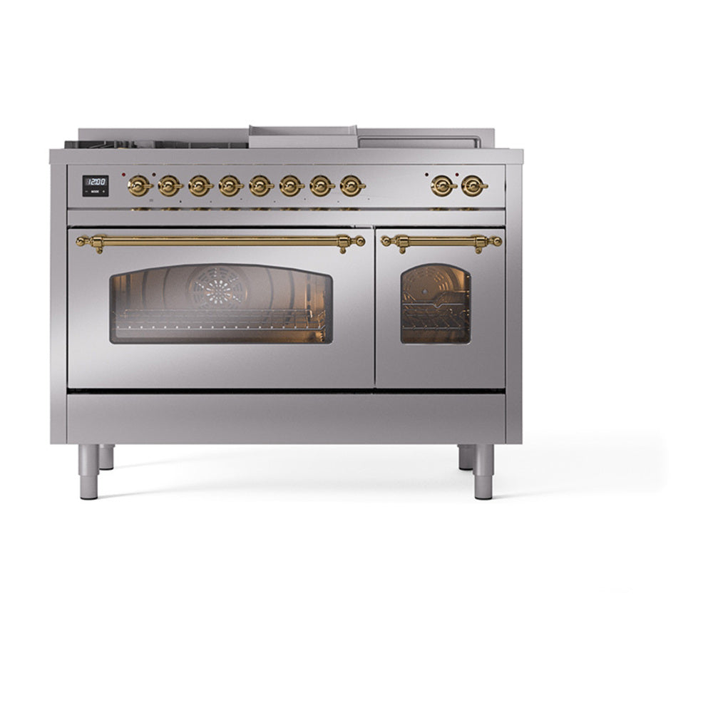 ILVE Nostalgie II 48-Inch Propane Gas Dual Fuel Range with 5 Burners, Griddle, & French Top with Triple Glass Door Oven in Stainless Steel with Brass Trim (UP48FSNMPSSGLP)