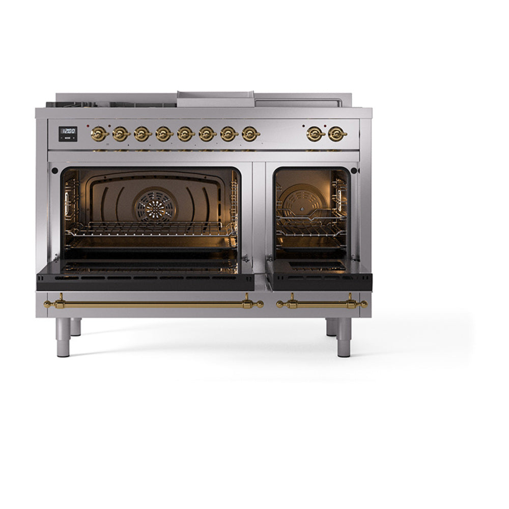 ILVE Nostalgie II 48-Inch Propane Gas Dual Fuel Range with 5 Burners, Griddle, & French Top with Triple Glass Door Oven in Stainless Steel with Brass Trim (UP48FSNMPSSGLP)