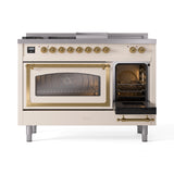 ILVE Nostalgie II Noblesse 48-Inch Propane Gas Dual Fuel Range with 5 Burners, Griddle, & French Top with Triple Glass Door Oven in Antique White with Brass Trim (UN48FSNMPAWGLP)