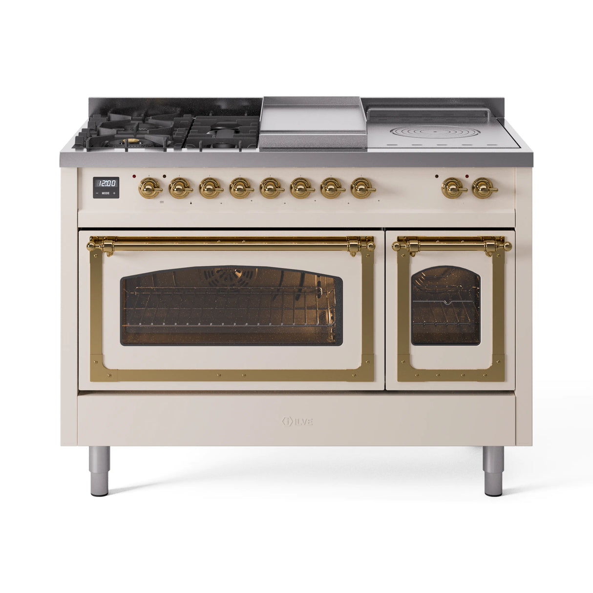 ILVE Nostalgie II Noblesse 48-Inch Propane Gas Dual Fuel Range with 5 Burners, Griddle, & French Top with Triple Glass Door Oven in Antique White with Brass Trim (UN48FSNMPAWGLP)