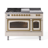 ILVE Nostalgie II Noblesse 48-Inch Propane Gas Dual Fuel Range with 5 Burners, Griddle, & French Top with Triple Glass Door Oven in Antique White with Brass Trim (UN48FSNMPAWGLP)