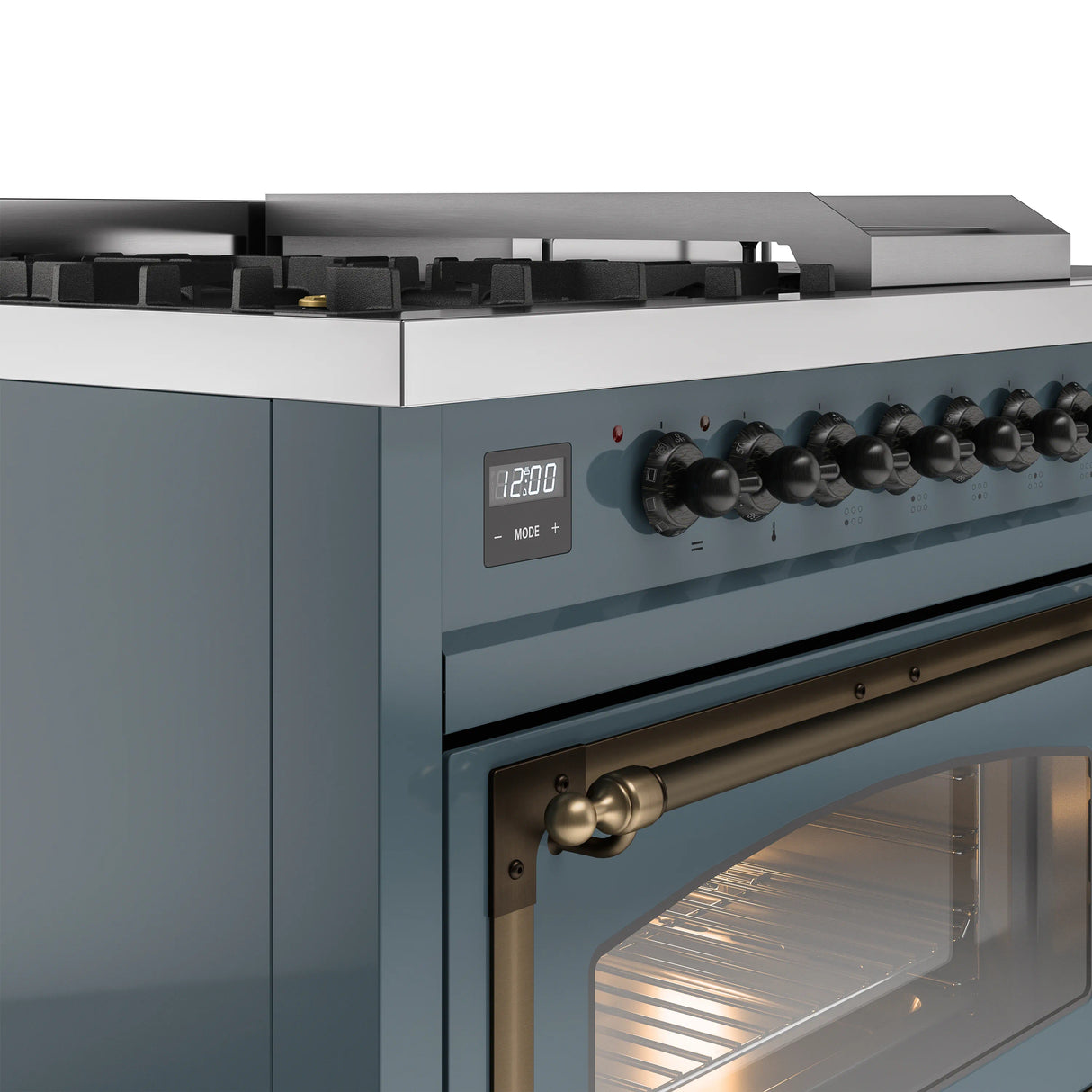 ILVE Nostalgie II Noblesse 48-Inch Natural Gas Dual Fuel Range with 5 Burners, Griddle, & French Top with Triple Glass Door Oven in Blue Grey with Bronze Trim (UN48FSNMPBGB)