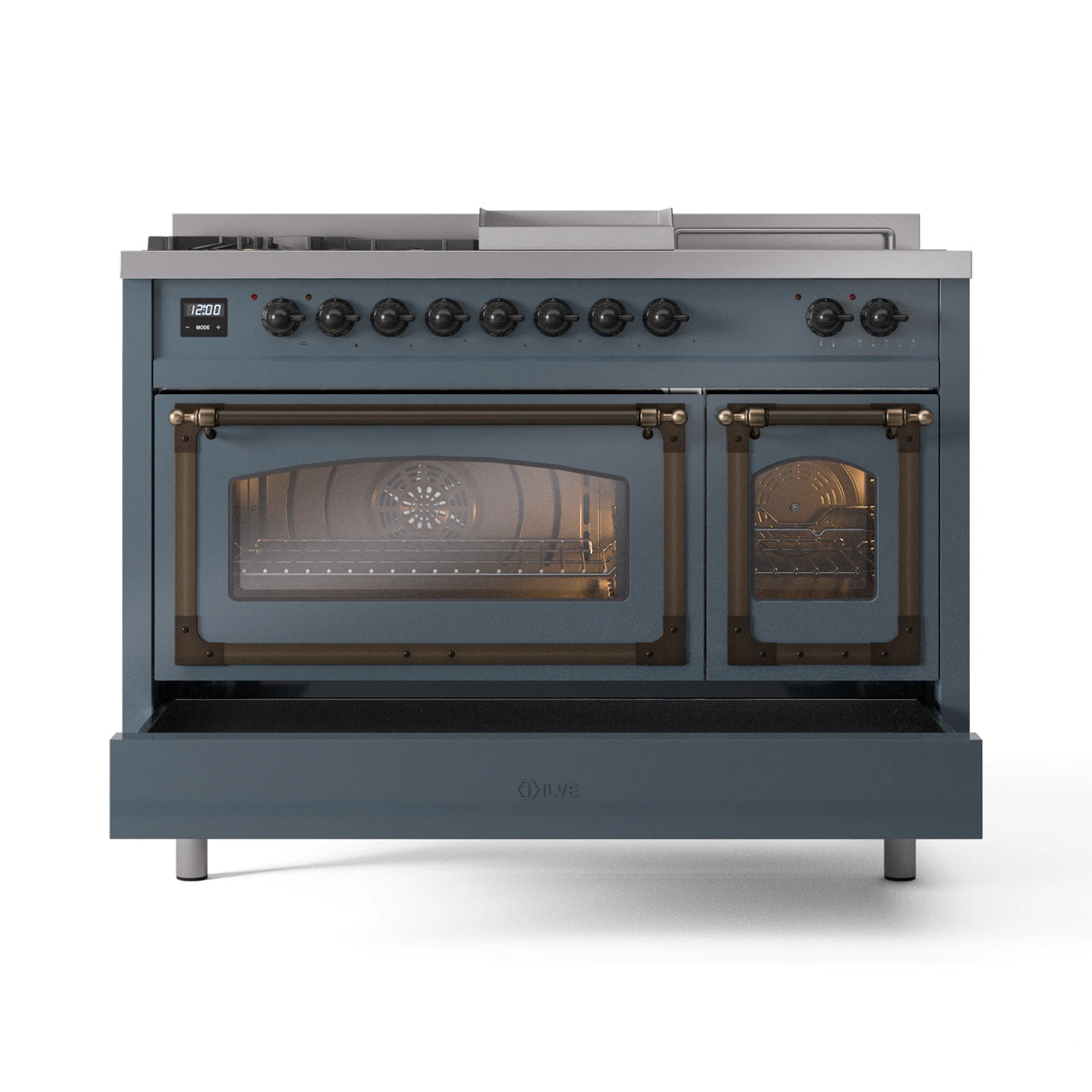 ILVE Nostalgie II Noblesse 48-Inch Natural Gas Dual Fuel Range with 5 Burners, Griddle, & French Top with Triple Glass Door Oven in Blue Grey with Bronze Trim (UN48FSNMPBGB)