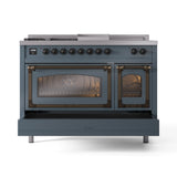 ILVE Nostalgie II Noblesse 48-Inch Natural Gas Dual Fuel Range with 5 Burners, Griddle, & French Top with Triple Glass Door Oven in Blue Grey with Bronze Trim (UN48FSNMPBGB)