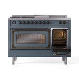 ILVE Nostalgie II Noblesse 48-Inch Natural Gas Dual Fuel Range with 5 Burners, Griddle, & French Top with Triple Glass Door Oven in Blue Grey with Bronze Trim (UN48FSNMPBGB)