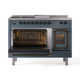 ILVE Nostalgie II Noblesse 48-Inch Natural Gas Dual Fuel Range with 5 Burners, Griddle, & French Top with Triple Glass Door Oven in Blue Grey with Bronze Trim (UN48FSNMPBGB)
