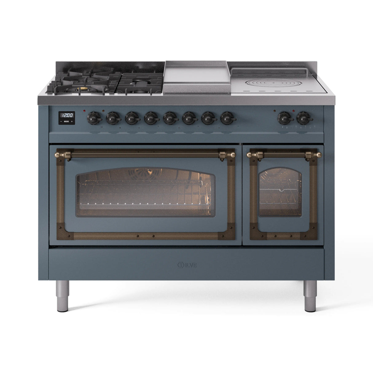 ILVE Nostalgie II Noblesse 48-Inch Natural Gas Dual Fuel Range with 5 Burners, Griddle, & French Top with Triple Glass Door Oven in Blue Grey with Bronze Trim (UN48FSNMPBGB)