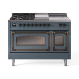 ILVE Nostalgie II Noblesse 48-Inch Natural Gas Dual Fuel Range with 5 Burners, Griddle, & French Top with Triple Glass Door Oven in Blue Grey with Bronze Trim (UN48FSNMPBGB)