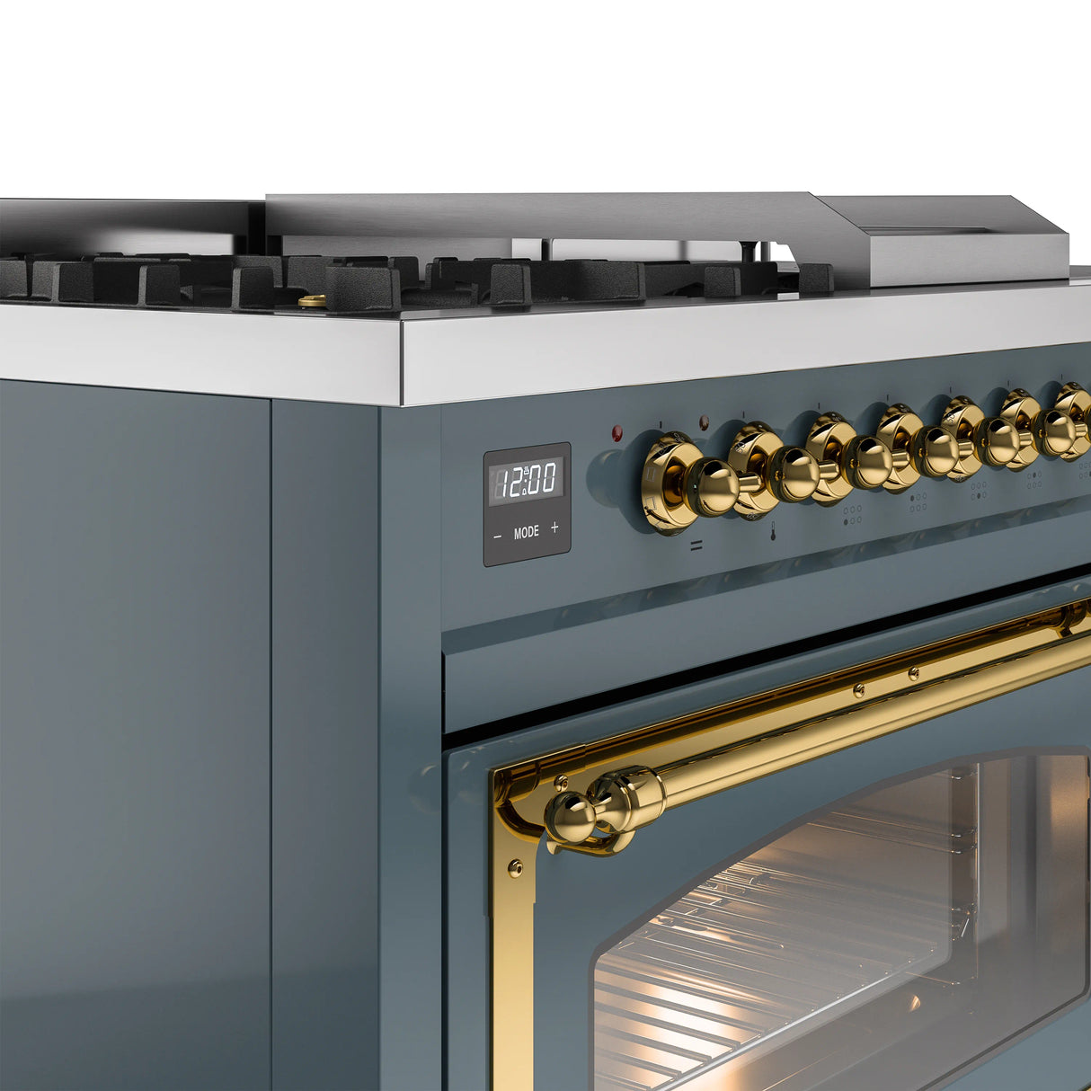 ILVE Nostalgie II Noblesse 48-Inch Natural Gas Dual Fuel Range with 5 Burners, Griddle, & French Top with Triple Glass Door Oven in Blue Grey with Brass Trim (UN48FSNMPBGG)