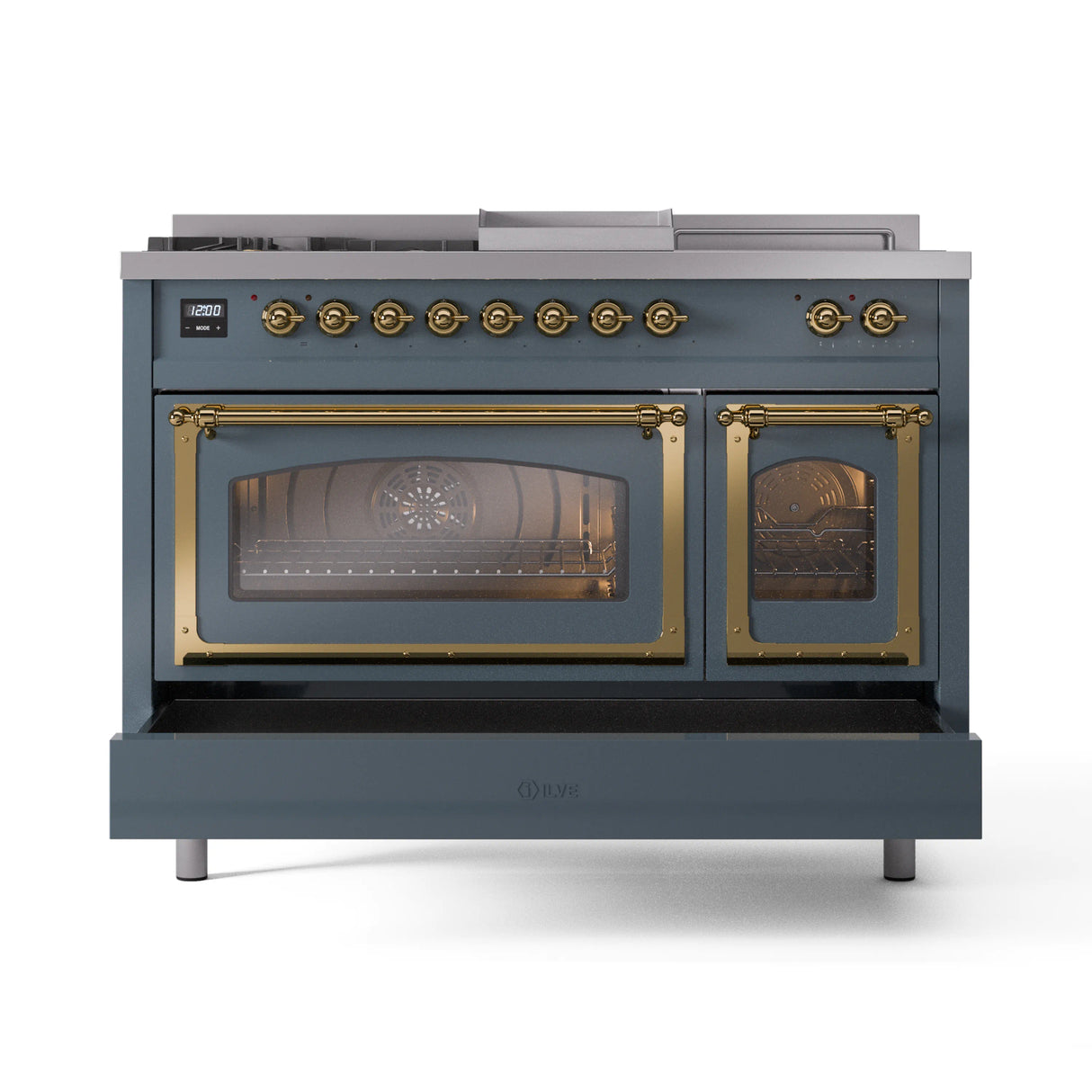 ILVE Nostalgie II Noblesse 48-Inch Natural Gas Dual Fuel Range with 5 Burners, Griddle, & French Top with Triple Glass Door Oven in Blue Grey with Brass Trim (UN48FSNMPBGG)