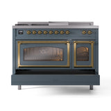 ILVE Nostalgie II Noblesse 48-Inch Natural Gas Dual Fuel Range with 5 Burners, Griddle, & French Top with Triple Glass Door Oven in Blue Grey with Brass Trim (UN48FSNMPBGG)