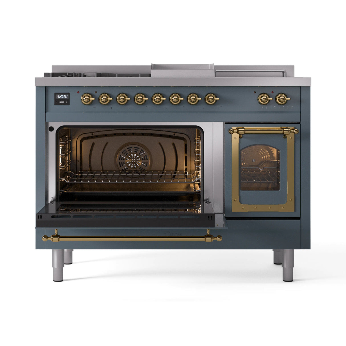 ILVE Nostalgie II Noblesse 48-Inch Natural Gas Dual Fuel Range with 5 Burners, Griddle, & French Top with Triple Glass Door Oven in Blue Grey with Brass Trim (UN48FSNMPBGG)
