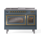 ILVE Nostalgie II Noblesse 48-Inch Natural Gas Dual Fuel Range with 5 Burners, Griddle, & French Top with Triple Glass Door Oven in Blue Grey with Brass Trim (UN48FSNMPBGG)