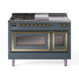ILVE Nostalgie II Noblesse 48-Inch Natural Gas Dual Fuel Range with 5 Burners, Griddle, & French Top with Triple Glass Door Oven in Blue Grey with Brass Trim (UN48FSNMPBGG)