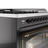 ILVE Nostalgie II Noblesse 48-Inch Natural Gas Dual Fuel Range with 5 Burners, Griddle, & French Top with Triple Glass Door Oven in Glossy Black with Bronze Trim (UN48FSNMPBKB)