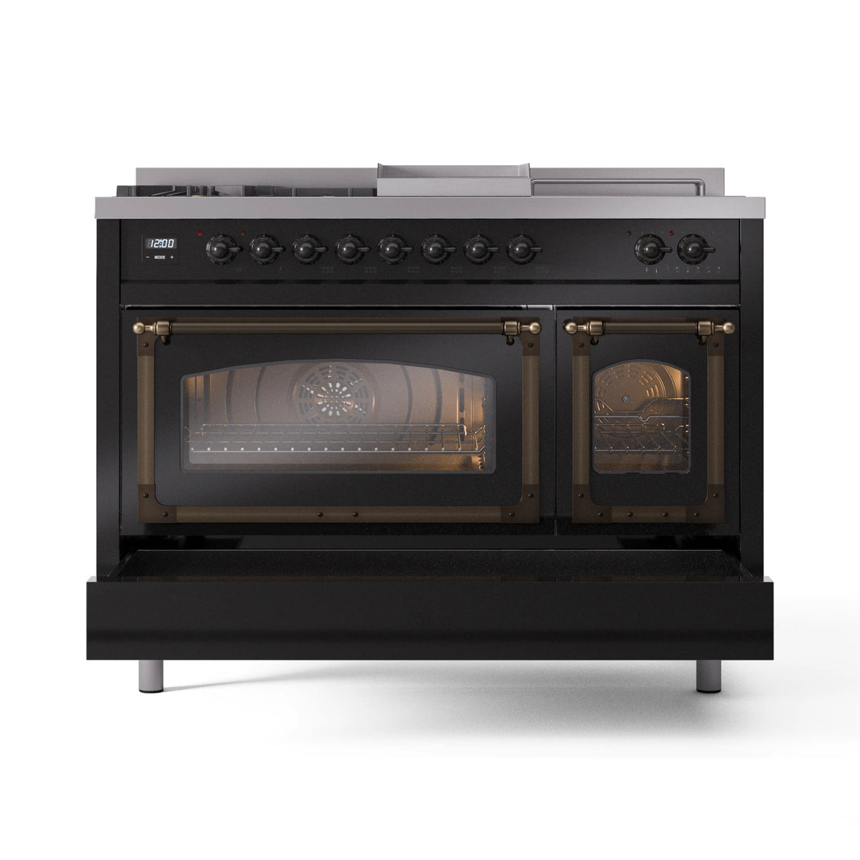 ILVE Nostalgie II Noblesse 48-Inch Natural Gas Dual Fuel Range with 5 Burners, Griddle, & French Top with Triple Glass Door Oven in Glossy Black with Bronze Trim (UN48FSNMPBKB)