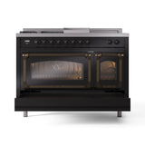 ILVE Nostalgie II Noblesse 48-Inch Natural Gas Dual Fuel Range with 5 Burners, Griddle, & French Top with Triple Glass Door Oven in Glossy Black with Bronze Trim (UN48FSNMPBKB)