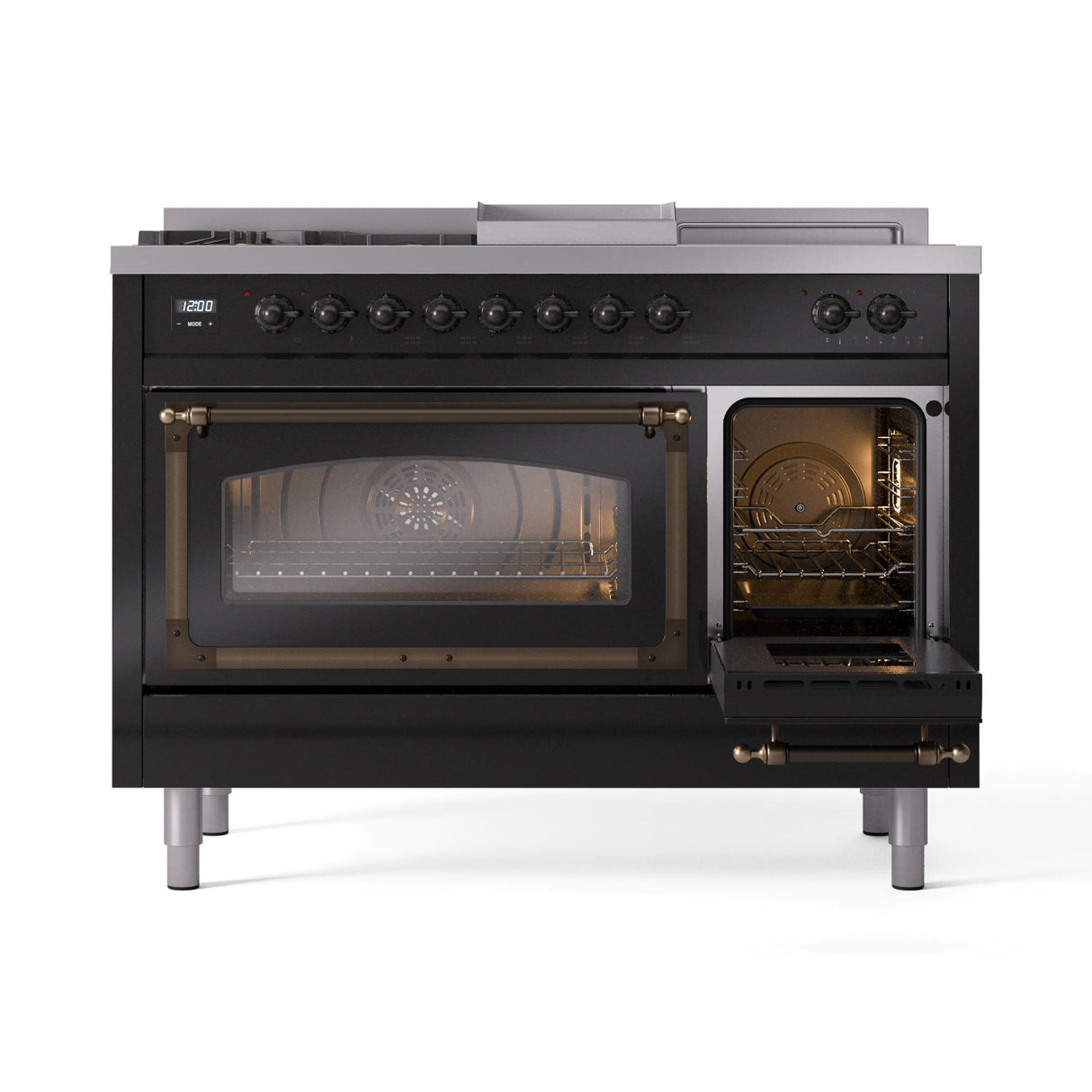 ILVE Nostalgie II Noblesse 48-Inch Natural Gas Dual Fuel Range with 5 Burners, Griddle, & French Top with Triple Glass Door Oven in Glossy Black with Bronze Trim (UN48FSNMPBKB)