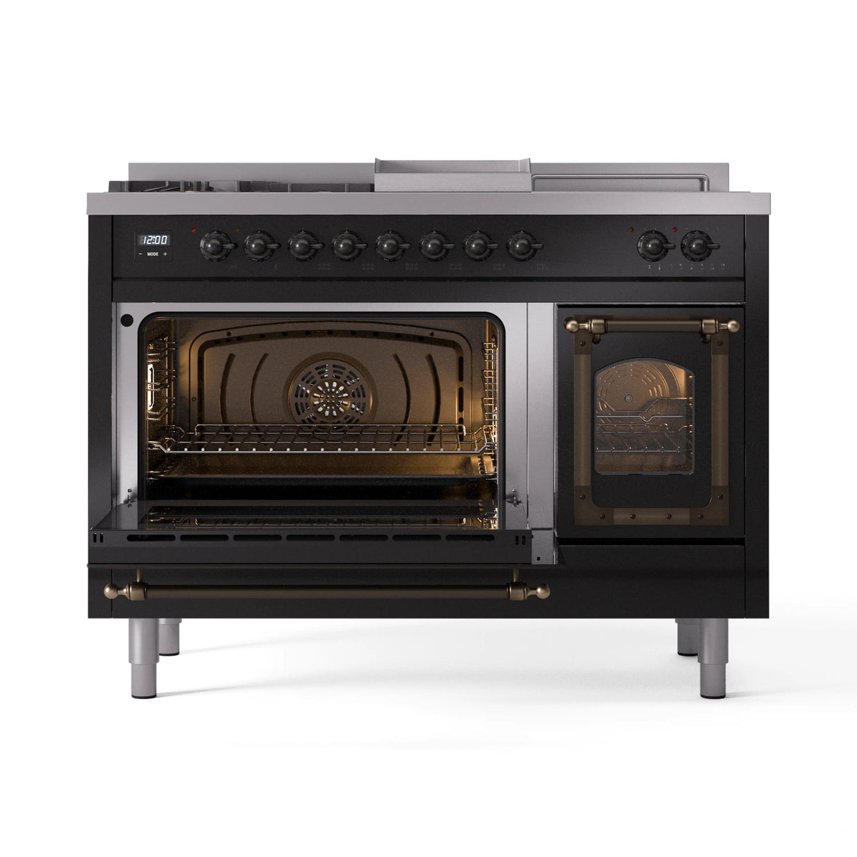 ILVE Nostalgie II Noblesse 48-Inch Natural Gas Dual Fuel Range with 5 Burners, Griddle, & French Top with Triple Glass Door Oven in Glossy Black with Bronze Trim (UN48FSNMPBKB)