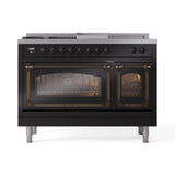 ILVE Nostalgie II Noblesse 48-Inch Natural Gas Dual Fuel Range with 5 Burners, Griddle, & French Top with Triple Glass Door Oven in Glossy Black with Bronze Trim (UN48FSNMPBKB)