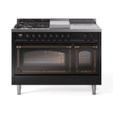 ILVE Nostalgie II Noblesse 48-Inch Natural Gas Dual Fuel Range with 5 Burners, Griddle, & French Top with Triple Glass Door Oven in Glossy Black with Bronze Trim (UN48FSNMPBKB)