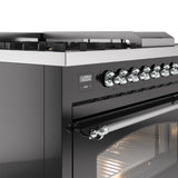 ILVE Nostalgie II 48-Inch Natural Gas Dual Fuel Range with 5 Burners, Griddle, & French Top with Triple Glass Door Oven in Glossy Black with Chrome Trim (UP48FSNMPBKC)