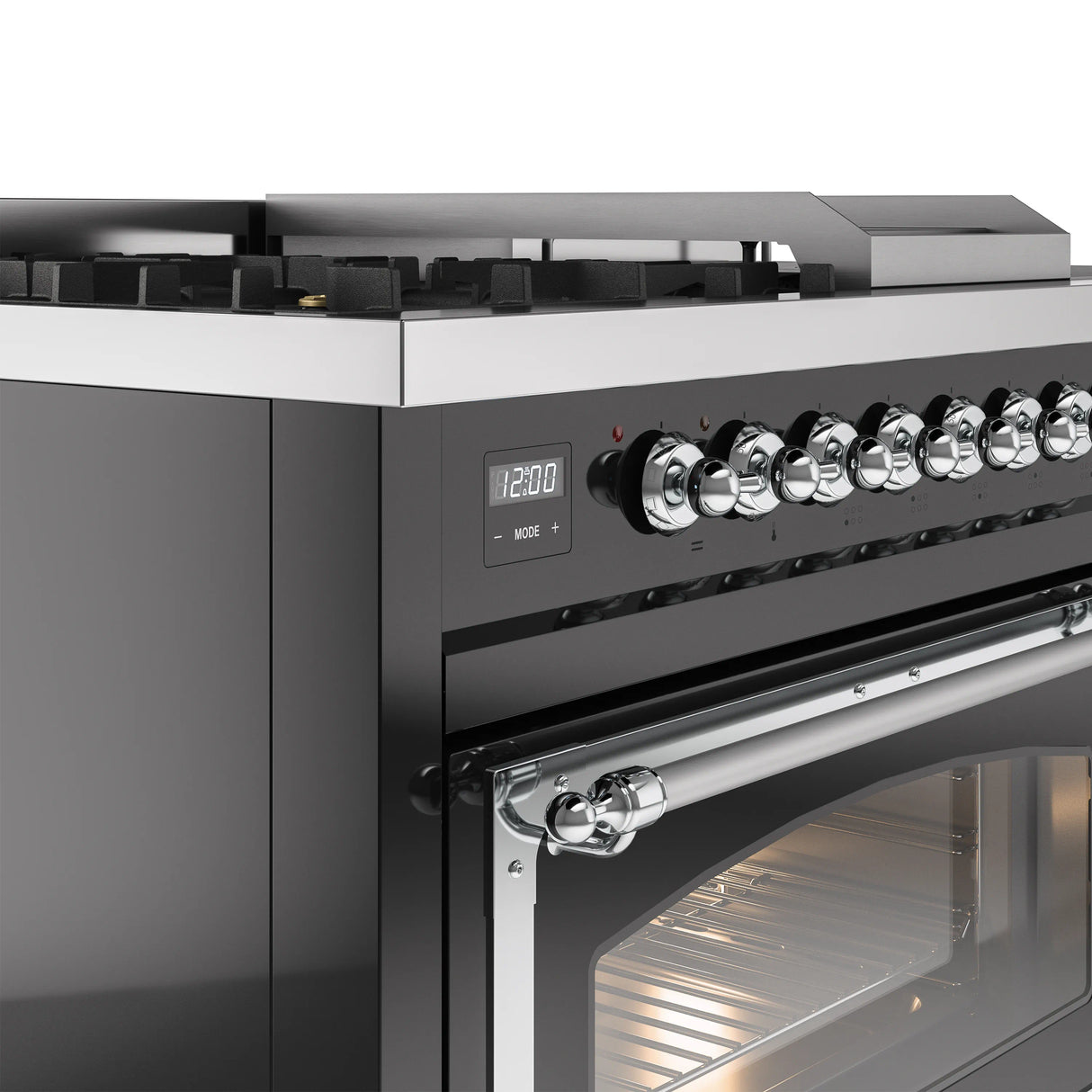 ILVE Nostalgie II Noblesse 48-Inch Natural Gas Dual Fuel Range with 5 Burners, Griddle, & French Top with Triple Glass Door Oven in Glossy Black with Chrome Trim (UN48FSNMPBKC)