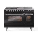 ILVE Nostalgie II 48-Inch Natural Gas Dual Fuel Range with 5 Burners, Griddle, & French Top with Triple Glass Door Oven in Glossy Black with Chrome Trim (UP48FSNMPBKC)