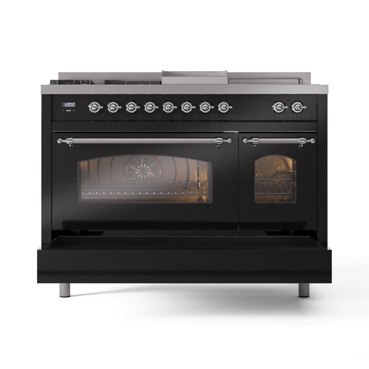 ILVE Nostalgie II 48-Inch Natural Gas Dual Fuel Range with 5 Burners, Griddle, & French Top with Triple Glass Door Oven in Glossy Black with Chrome Trim (UP48FSNMPBKC)