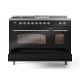 ILVE Nostalgie II 48-Inch Natural Gas Dual Fuel Range with 5 Burners, Griddle, & French Top with Triple Glass Door Oven in Glossy Black with Chrome Trim (UP48FSNMPBKC)