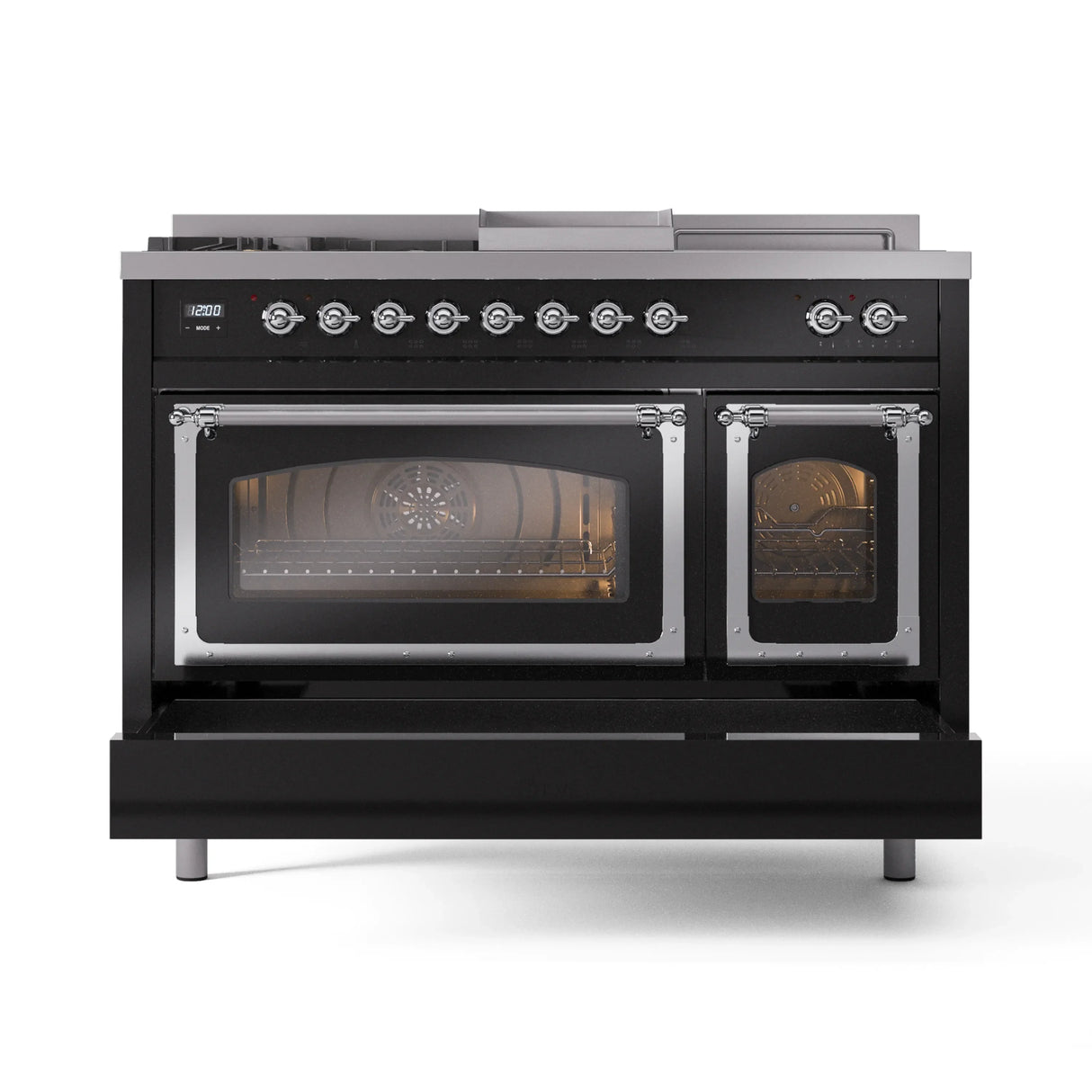 ILVE Nostalgie II Noblesse 48-Inch Natural Gas Dual Fuel Range with 5 Burners, Griddle, & French Top with Triple Glass Door Oven in Glossy Black with Chrome Trim (UN48FSNMPBKC)