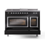 ILVE Nostalgie II Noblesse 48-Inch Natural Gas Dual Fuel Range with 5 Burners, Griddle, & French Top with Triple Glass Door Oven in Glossy Black with Chrome Trim (UN48FSNMPBKC)