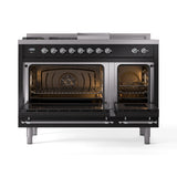 ILVE Nostalgie II 48-Inch Natural Gas Dual Fuel Range with 5 Burners, Griddle, & French Top with Triple Glass Door Oven in Glossy Black with Chrome Trim (UP48FSNMPBKC)