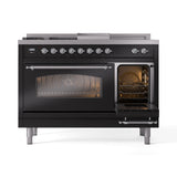 ILVE Nostalgie II 48-Inch Natural Gas Dual Fuel Range with 5 Burners, Griddle, & French Top with Triple Glass Door Oven in Glossy Black with Chrome Trim (UP48FSNMPBKC)