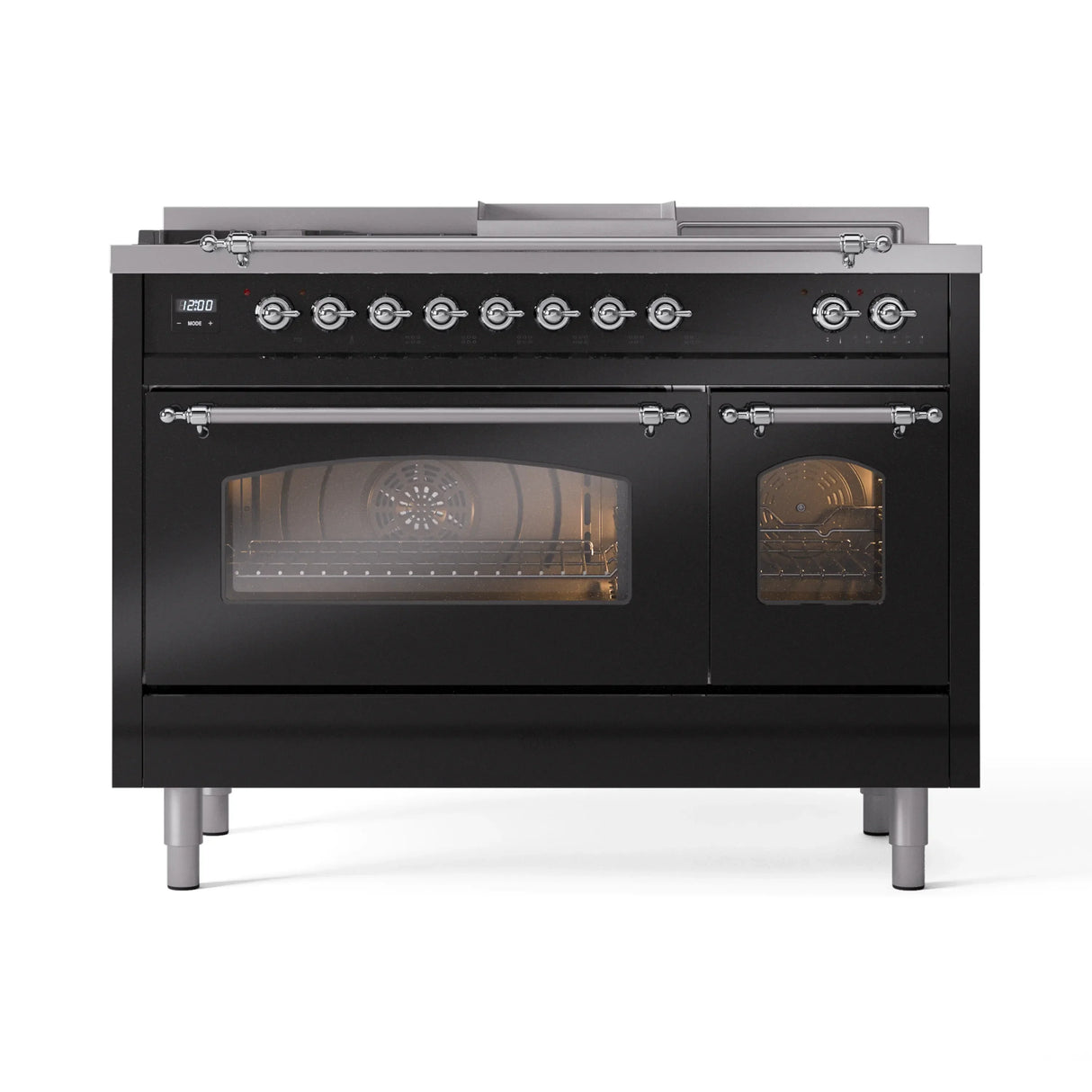 ILVE Nostalgie II 48-Inch Natural Gas Dual Fuel Range with 5 Burners, Griddle, & French Top with Triple Glass Door Oven in Glossy Black with Chrome Trim (UP48FSNMPBKC)