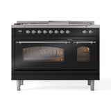 ILVE Nostalgie II 48-Inch Natural Gas Dual Fuel Range with 5 Burners, Griddle, & French Top with Triple Glass Door Oven in Glossy Black with Chrome Trim (UP48FSNMPBKC)