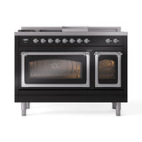 ILVE Nostalgie II Noblesse 48-Inch Natural Gas Dual Fuel Range with 5 Burners, Griddle, & French Top with Triple Glass Door Oven in Glossy Black with Chrome Trim (UN48FSNMPBKC)