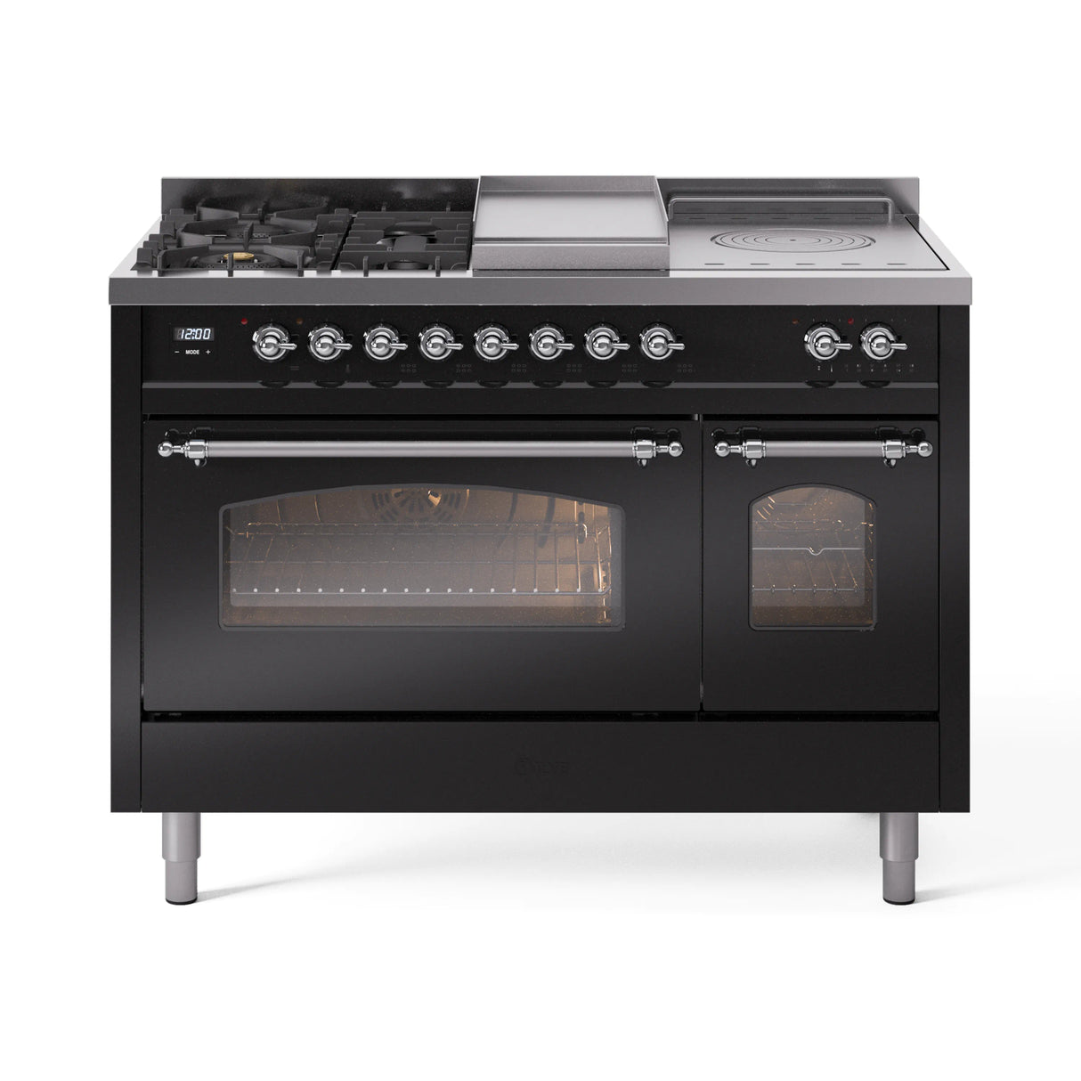ILVE Nostalgie II 48-Inch Natural Gas Dual Fuel Range with 5 Burners, Griddle, & French Top with Triple Glass Door Oven in Glossy Black with Chrome Trim (UP48FSNMPBKC)