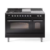 ILVE Nostalgie II 48-Inch Natural Gas Dual Fuel Range with 5 Burners, Griddle, & French Top with Triple Glass Door Oven in Glossy Black with Chrome Trim (UP48FSNMPBKC)