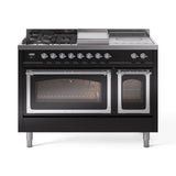ILVE Nostalgie II Noblesse 48-Inch Natural Gas Dual Fuel Range with 5 Burners, Griddle, & French Top with Triple Glass Door Oven in Glossy Black with Chrome Trim (UN48FSNMPBKC)
