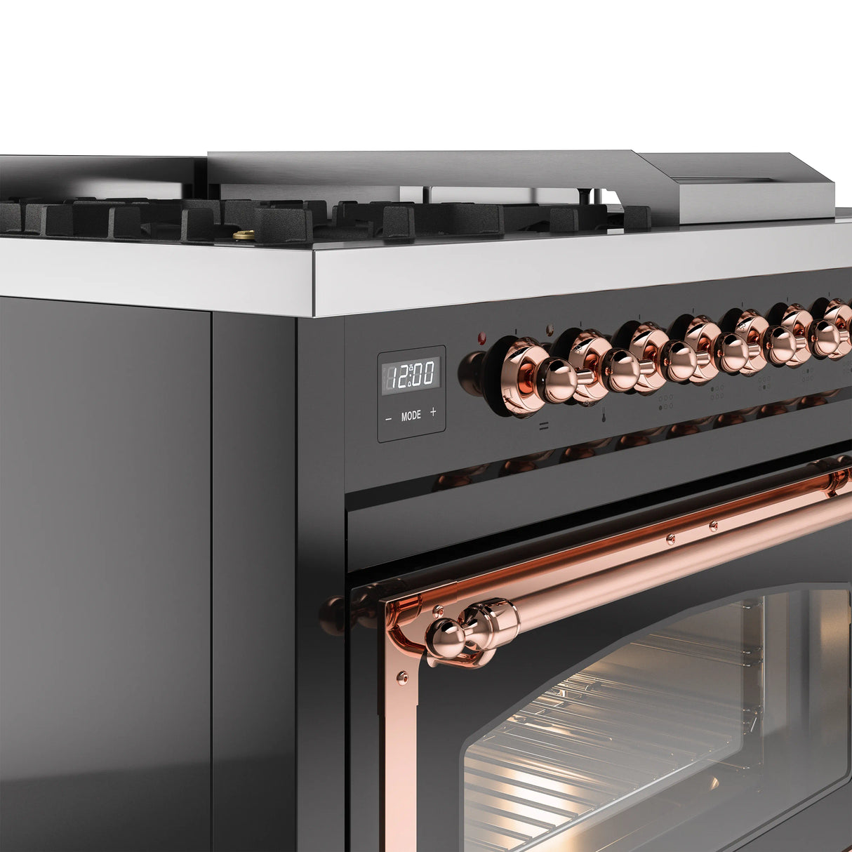 ILVE Nostalgie II Noblesse 48-Inch Natural Gas Dual Fuel Range with 5 Burners, Griddle, & French Top with Triple Glass Door Oven in Glossy Black with Copper Trim (UN48FSNMPBKP)