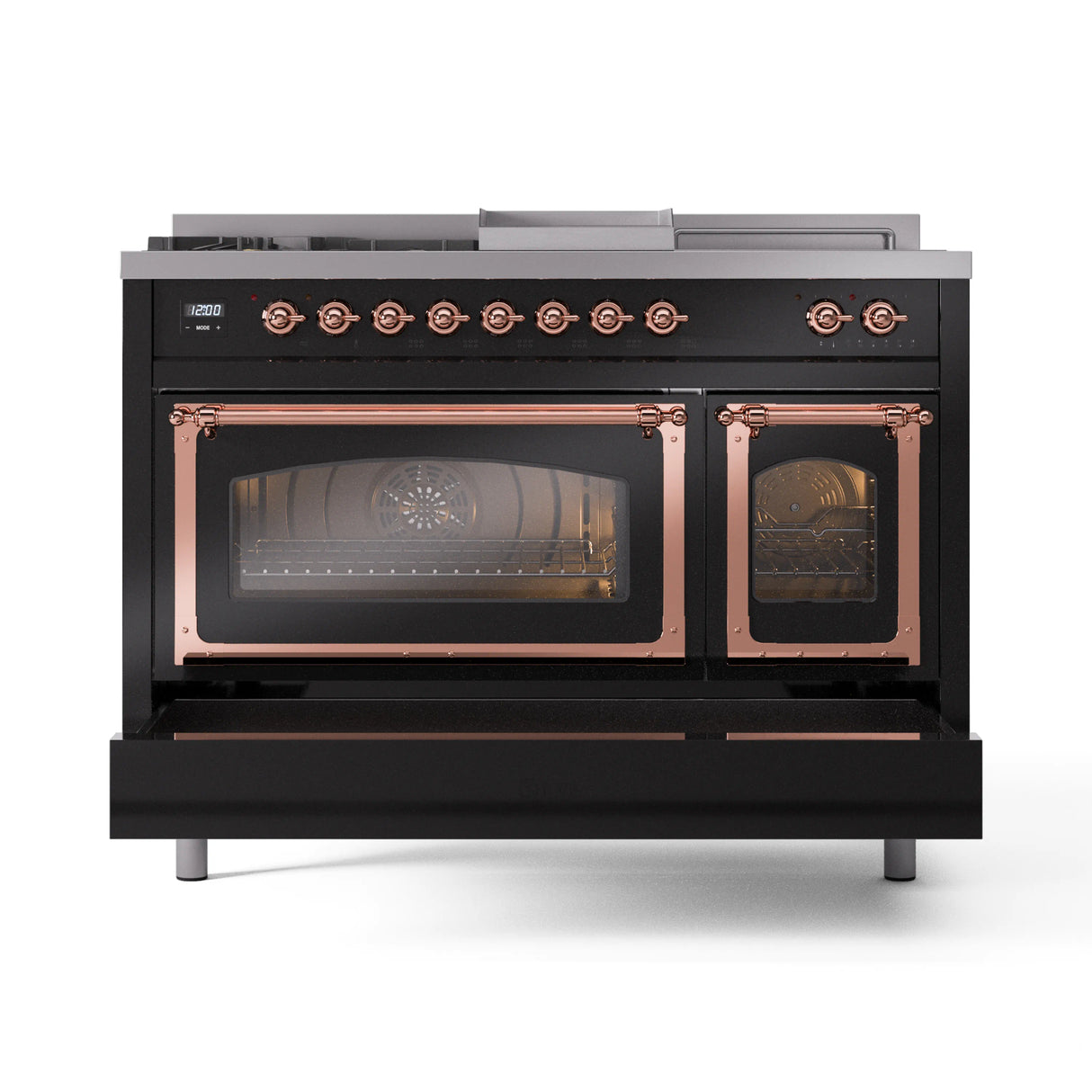 ILVE Nostalgie II Noblesse 48-Inch Natural Gas Dual Fuel Range with 5 Burners, Griddle, & French Top with Triple Glass Door Oven in Glossy Black with Copper Trim (UN48FSNMPBKP)