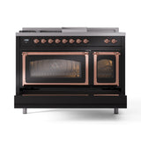 ILVE Nostalgie II Noblesse 48-Inch Natural Gas Dual Fuel Range with 5 Burners, Griddle, & French Top with Triple Glass Door Oven in Glossy Black with Copper Trim (UN48FSNMPBKP)