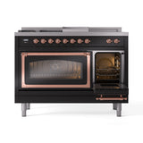ILVE Nostalgie II Noblesse 48-Inch Natural Gas Dual Fuel Range with 5 Burners, Griddle, & French Top with Triple Glass Door Oven in Glossy Black with Copper Trim (UN48FSNMPBKP)